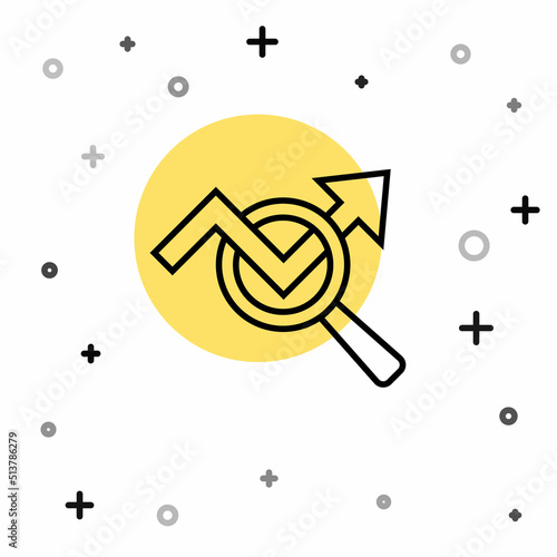 Black line Magnifying glass and data analysis icon isolated on white background. Search sign. Random dynamic shapes. Vector