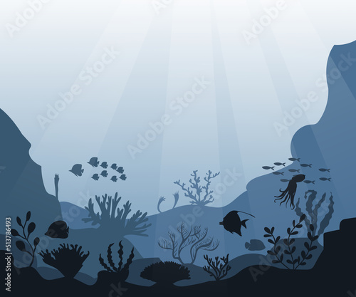 Underwater ocean background. Black silhouettes swimming sea fish with corals and vector plants.
