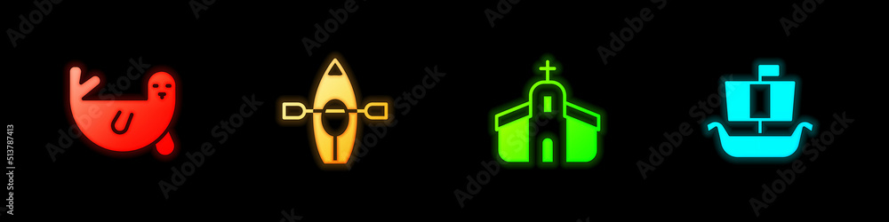 Set Fur seal animal, Kayak and paddle, Church building and Viking ship Drakkar icon. Vector Set Fur seal animal, Kayak and paddle, Church building and Viking ship Drakkar icon. Vector