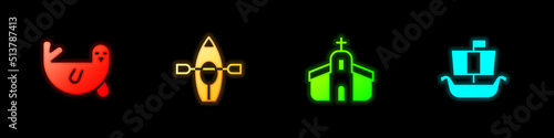 Set Fur seal animal, Kayak and paddle, Church building and Viking ship Drakkar icon. Vector