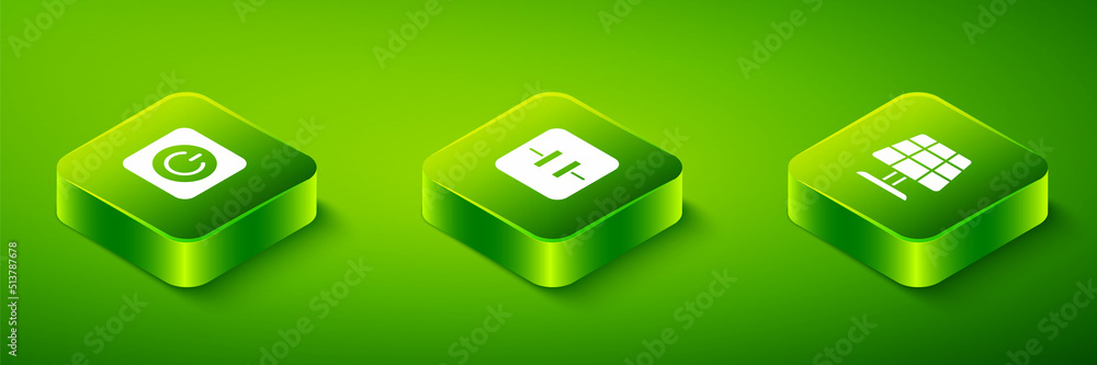 Set Isometric Electrolytic capacitor, Solar energy panel and Power button icon. Vector Set Isometric Electrolytic capacitor, Solar energy panel and Power button icon. Vector