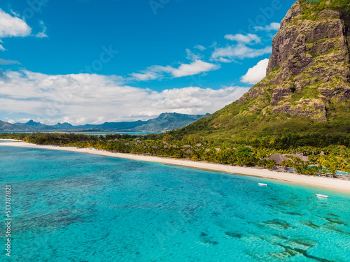 Landscape with Le Morne mountain, blue ocean and beach in Mauritius. Aerial view © artifirsov