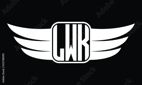 LWK three Letter Wings Flying Initial wing symbol minimalist creative concept flag icon professional logo design Vector template with abstract black and white tattoo photo