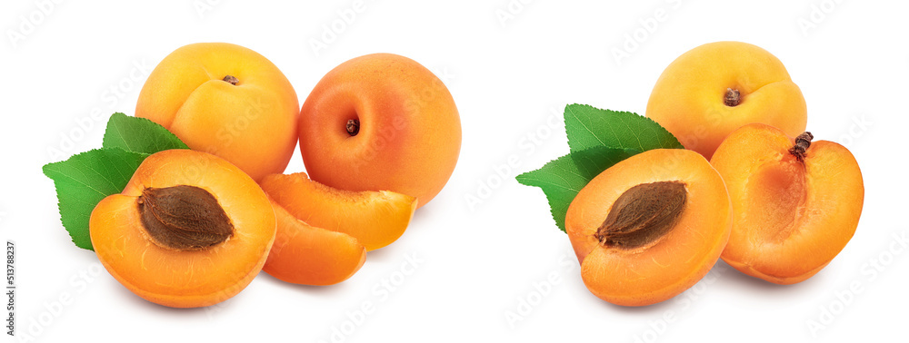 Apricot fruit with half isolated on white background macro. Set or collection - obrazy, fototapety, plakaty 
