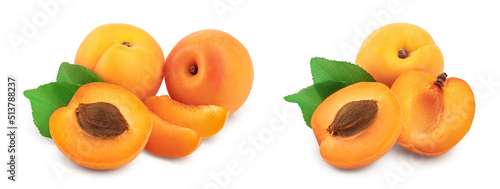Apricot fruit with half isolated on white background macro. Set or collection