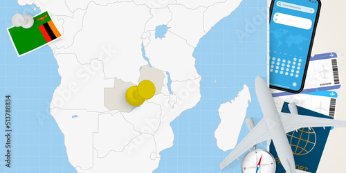 Travel to Zambia concept, map with pin on map of Zambia. Vacation preparation map, flag, passport and tickets.