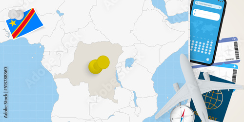 Travel to DR Congo concept, map with pin on map of DR Congo. Vacation preparation map, flag, passport and tickets.