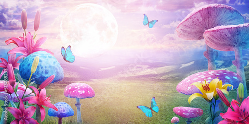 fantastic wonderland landscape with mushrooms, lilies flowers, morpho butterflies and moon. illustration to the fairy tale "Alice in Wonderland"