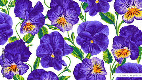 Pansies realistic vector Flowers in botanical background for phone screen saver, desktop, template for posts in social networks. Purple with yellow, blue flowers with lettuce leaves. 