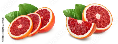 Blood red oranges isolated on white background with full depth of field. Set or collection