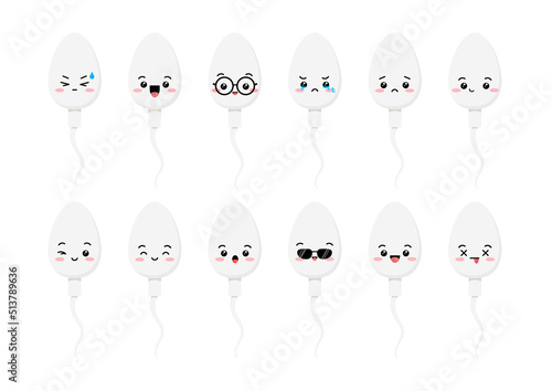 Cute sperm cell cartoon character emoji set. Kawaii sperm semen medicine maskot - happy, sad, with eyeglasses and sunglasses emoticon collection. Flat design cartoon vector illustration.