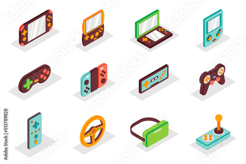 Games gadgets concept 3d isometric icons set. Pack isometry elements of console, joystick, play controller, tablet, gamepad, vr glasses, computer and other. Vector illustration for modern web design