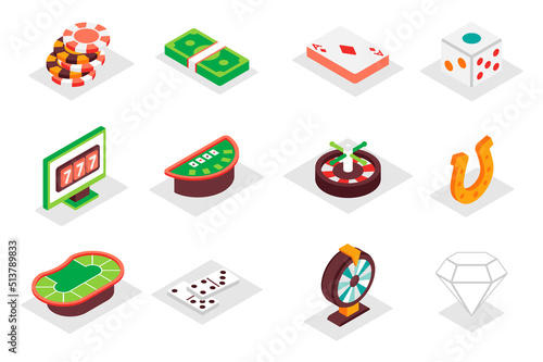 Casino concept 3d isometric icons set. Pack isometry elements of chips, money, cards, dice, roulette, luck, jackpot, poker table, domino, diamond and other. Vector illustration for modern web design