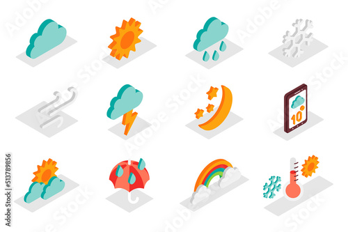 Weather forecast concept 3d isometric icons set. Pack isometry elements of cloud, sun, rain, snowflake, wind, lightning, moon, star, umbrella and other. Vector illustration for modern web design