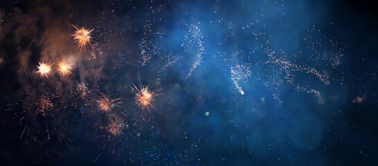 abstract black and gold glitter background with fireworks. christmas eve, 4th of july holiday concept
