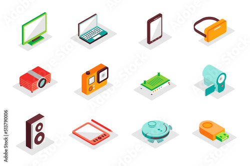 Electronics concept 3d isometric icons set. Pack isometry elements of computer, laptop, smartphone, vr glasses, camera, music speaker, wifi router and other. Vector illustration for modern web design