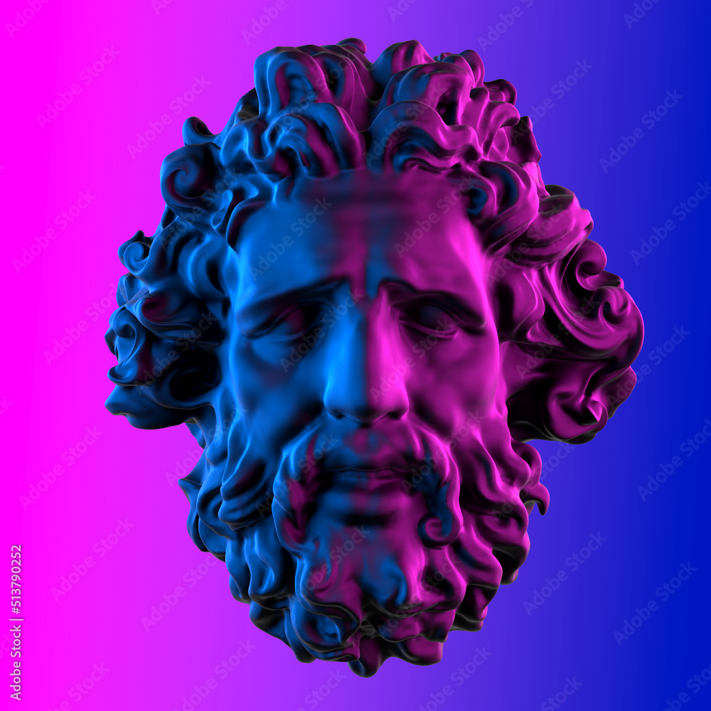 Concept illustration 3D rendering of marble classical head sculpture of sad and worried bearded old man in pink and blue vaporwave colors isolated on gradient background. Concept illustration 3D rendering of marble classical head sculpture of sad and worried bearded old man in pink and blue vaporwave colors isolated on gradient background.