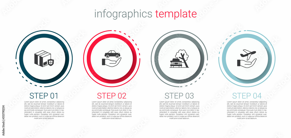 Set Delivery security with shield, Car insurance, damaged by fallen tree and Plane hand. Business infographic template. Vector Set Delivery security with shield, Car insurance, damaged by fallen tree and Plane hand. Business infographic template. Vector