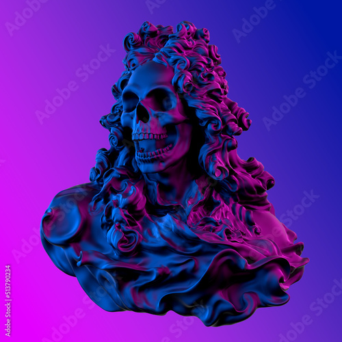 Concept illustration 3D rendering of baroque dressed black scary figure with scary skull face and isolated on background in dark art style and vaporwave modern color palette gradient.