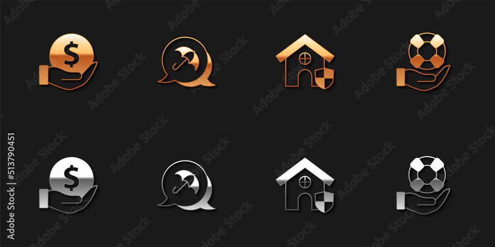 Set Money with shield, Umbrella, House and Lifebuoy in hand icon. Vector Set Money with shield, Umbrella, House and Lifebuoy in hand icon. Vector