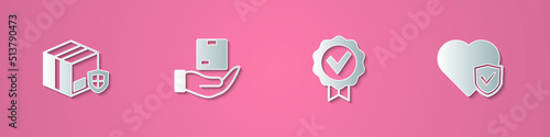Set paper cut Delivery security with shield, insurance, Approved and check mark and Life icon. Paper art style. Vector