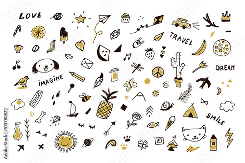 Doodle objects, cat, dog, cactus, pineapple vector illustrations set