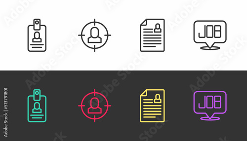 Set line Identification badge, Head hunting, Resume and Search job on black and white. Vector