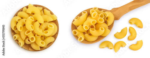 Photos raw macaroni pasta in wooden spoon and bowl isolated on white background