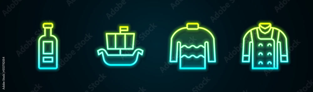 Set line Bottle of vodka, Viking ship Drakkar, Sweater and . Glowing neon icon. Vector Set line Bottle of vodka, Viking ship Drakkar, Sweater and . Glowing neon icon. Vector