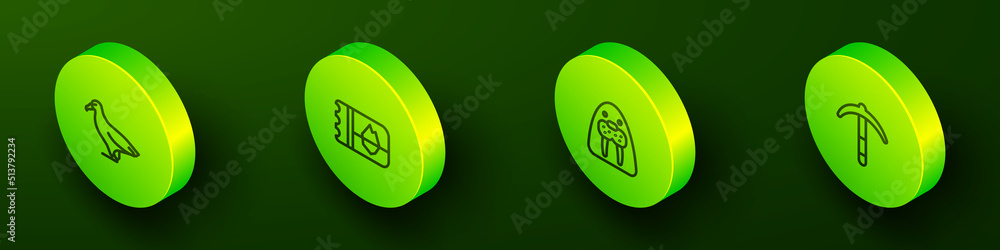 Set Isometric line Albatross, Ticket in Iceland, Walrus animal and Pickaxe icon. Vector Set Isometric line Albatross, Ticket in Iceland, Walrus animal and Pickaxe icon. Vector
