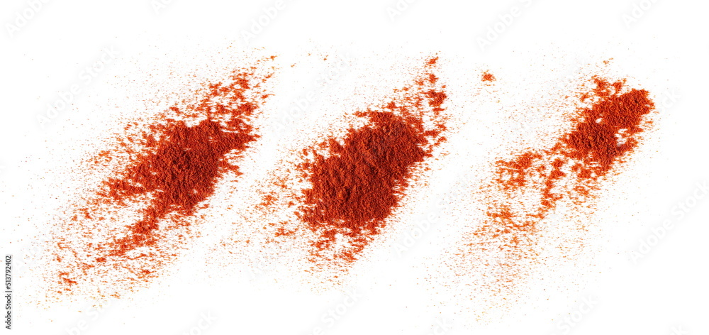 Set pile of red paprika powder isolated on white, top view