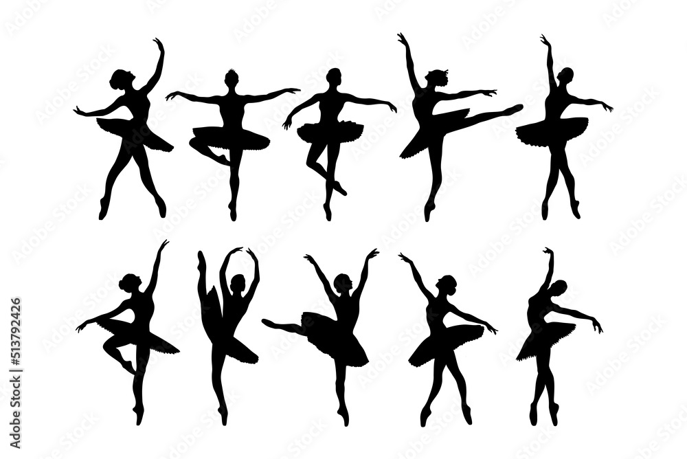 Set di immagini vettoriali di silhouette di ballerine di danza classica. Pose diverse di ballerine di danza classica. 