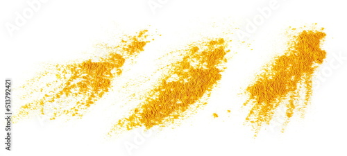 Set turmeric (Curcuma) powder pile isolated on white, top view