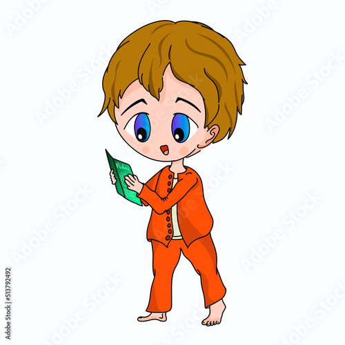 anime little boy in pajamas with book before going to sleep
