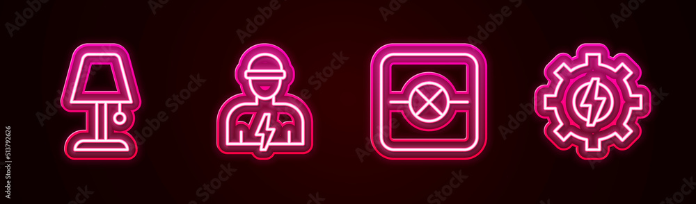 Set line Table lamp, Electrician, Lamp in electronic circuit and Gear and lightning. Glowing neon icon. Vector Set line Table lamp, Electrician, Lamp in electronic circuit and Gear and lightning. Glowing neon icon. Vector