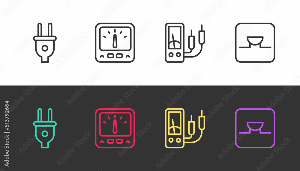 Set line Electric plug, Ampere meter, multimeter, and Buzzer in electronic circuit on black and white. Vector Set line Electric plug, Ampere meter, multimeter, and Buzzer in electronic circuit on black and white. Vector
