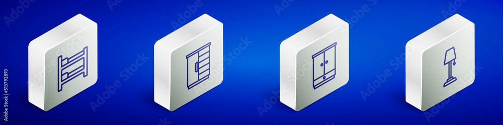 Set Isometric line Bunk bed, Wardrobe, and Floor lamp icon. Vector Set Isometric line Bunk bed, Wardrobe, and Floor lamp icon. Vector