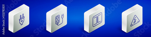 Set Isometric line Electric plug, extension, Electrical transformer and High voltage icon. Vector