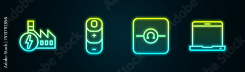 Set line Nuclear power plant, Battery charge, Ohmmeter and Laptop. Glowing neon icon. Vector