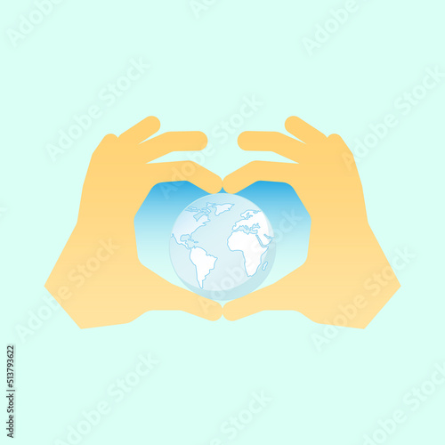 Hands forming heart shape to frame the earth. Love earth concept. Vector illustration outline flat design style.