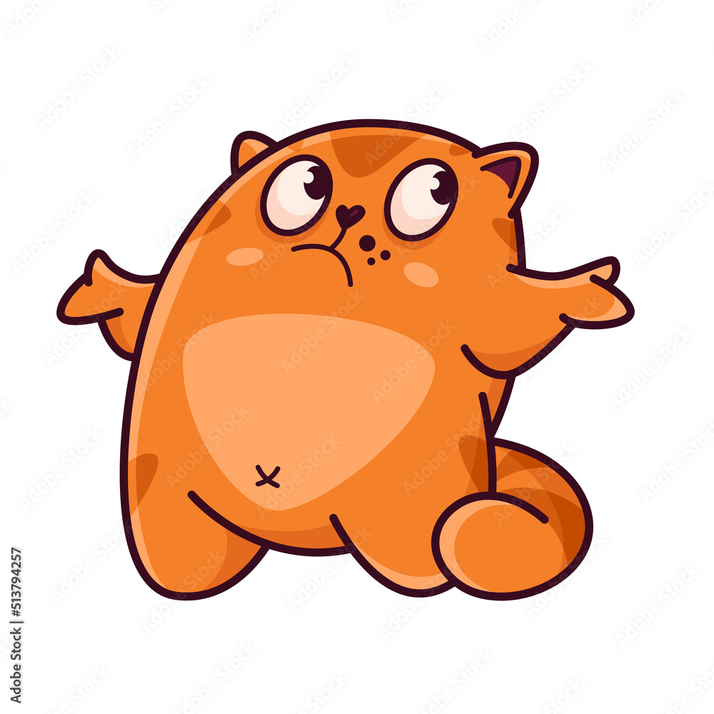 Fototapeta premium Cute red cat spreads his arms to the sides. Shows emotion, don't know, no idea. Cat character hand drawn style, sticker, emoji