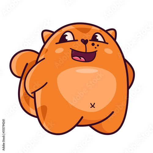 Cute red cat smiles coquettishly. Shows emotions, joy, happiness, satisfaction. Cat character hand drawn style, sticker, emoji