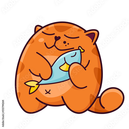 Cute ginger cat hugs a fish. Shows emotions  my darling  hugs  yummy. Cat character hand drawn style  sticker  emoji