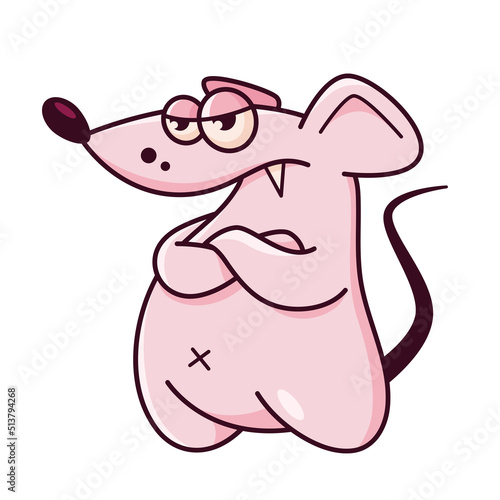 Cute pink mouse. Demonstrates emotions  discontent  suspicion. Mouse character hand drawn style  sticker  emoji