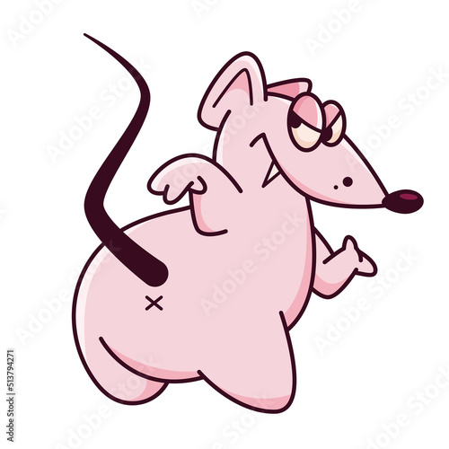 Cute pink mouse points to the ass. Demonstrates emotions, go to the ass, kiss me. Mouse character hand drawn style, sticker, emoji