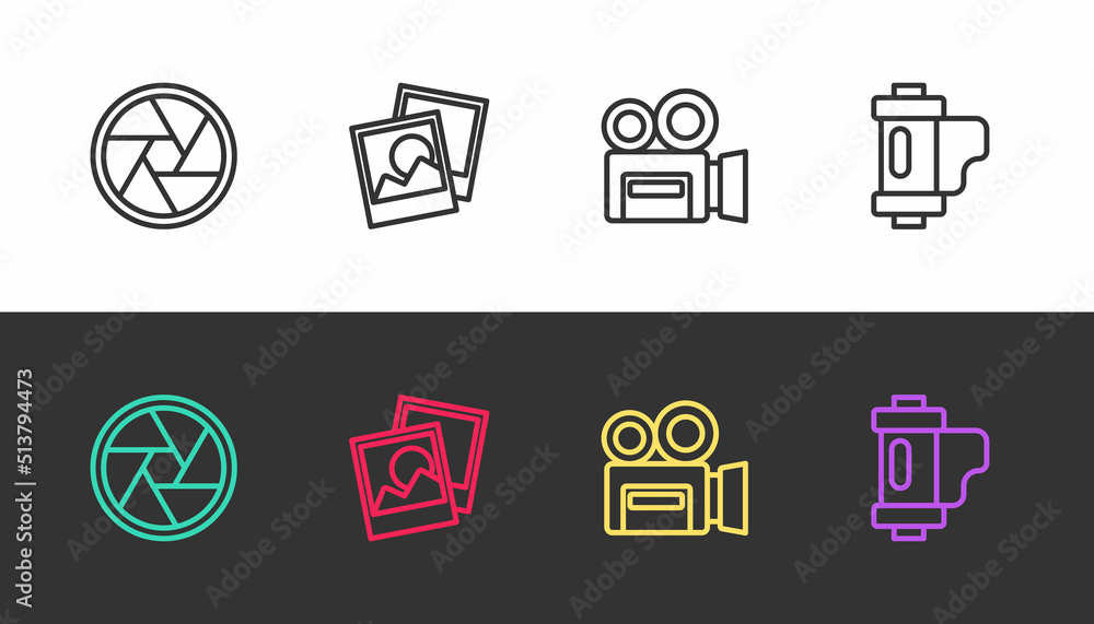 Set line Camera shutter, Photo frame, Retro cinema camera and film roll cartridge on black and white. Vector