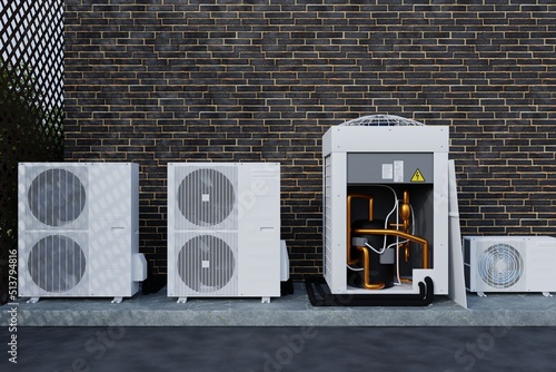 four different air conditioners against a brick wall 3d photo