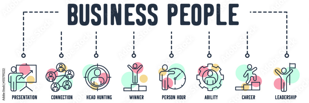 Obraz premium Business People banner web icon. presentation, connection, head hunting, winner, person hour, ability, career, leadership vector illustration concept.