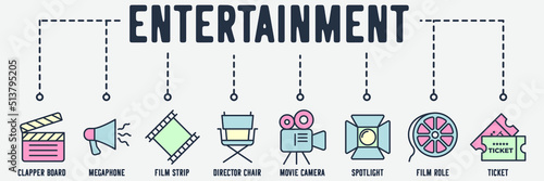 Cinema Entertainment banner web icon. clapper board, megaphone, film strip, director chair, movie camera, spotlight, film role, ticket vector illustration concept.