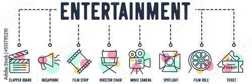 Cinema Entertainment banner web icon. clapper board, megaphone, film strip, director chair, movie camera, spotlight, film role, ticket vector illustration concept.